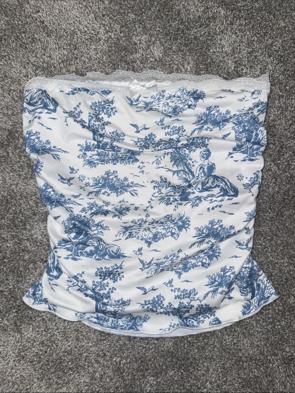 Blue & White Toile Floral Print Strapless Tube Top with Lace Trim & Bow - Womens